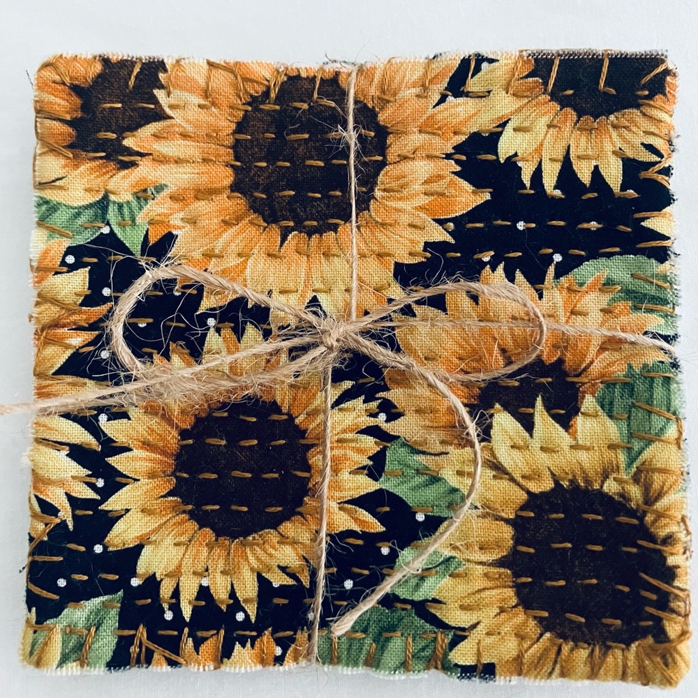 Handmade Slow Stitched Sunflower Fabric Coasters - Set of 2